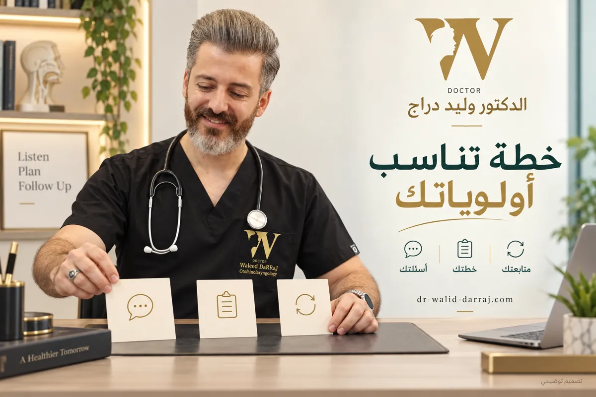 تصميم توضيحي للدكتور وليد دراج يرتب بطاقات الأسئلة والخطة والمتابعة