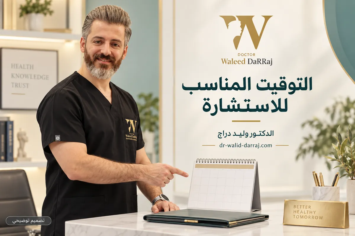 تصميم توضيحي للدكتور وليد دراج يشير إلى تقويم لتخطيط توقيت الاستشارة