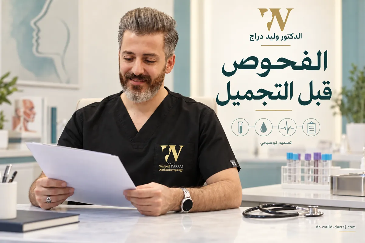 تصميم توضيحي للدكتور وليد دراج يراجع ملف الفحوص قبل عملية التجميل