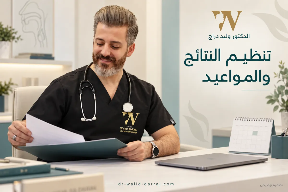 تصميم توضيحي للدكتور وليد دراج ينظم ملف النتائج بجانب تقويم مواعيد
